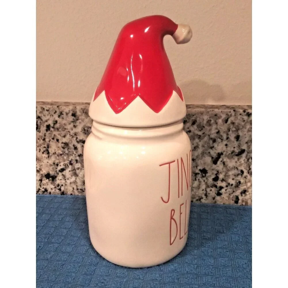 Rae Dunn JINGLE BELLS CANISTER Cookie Jar Santa Elf Hat Holiday Christmas EUC 9